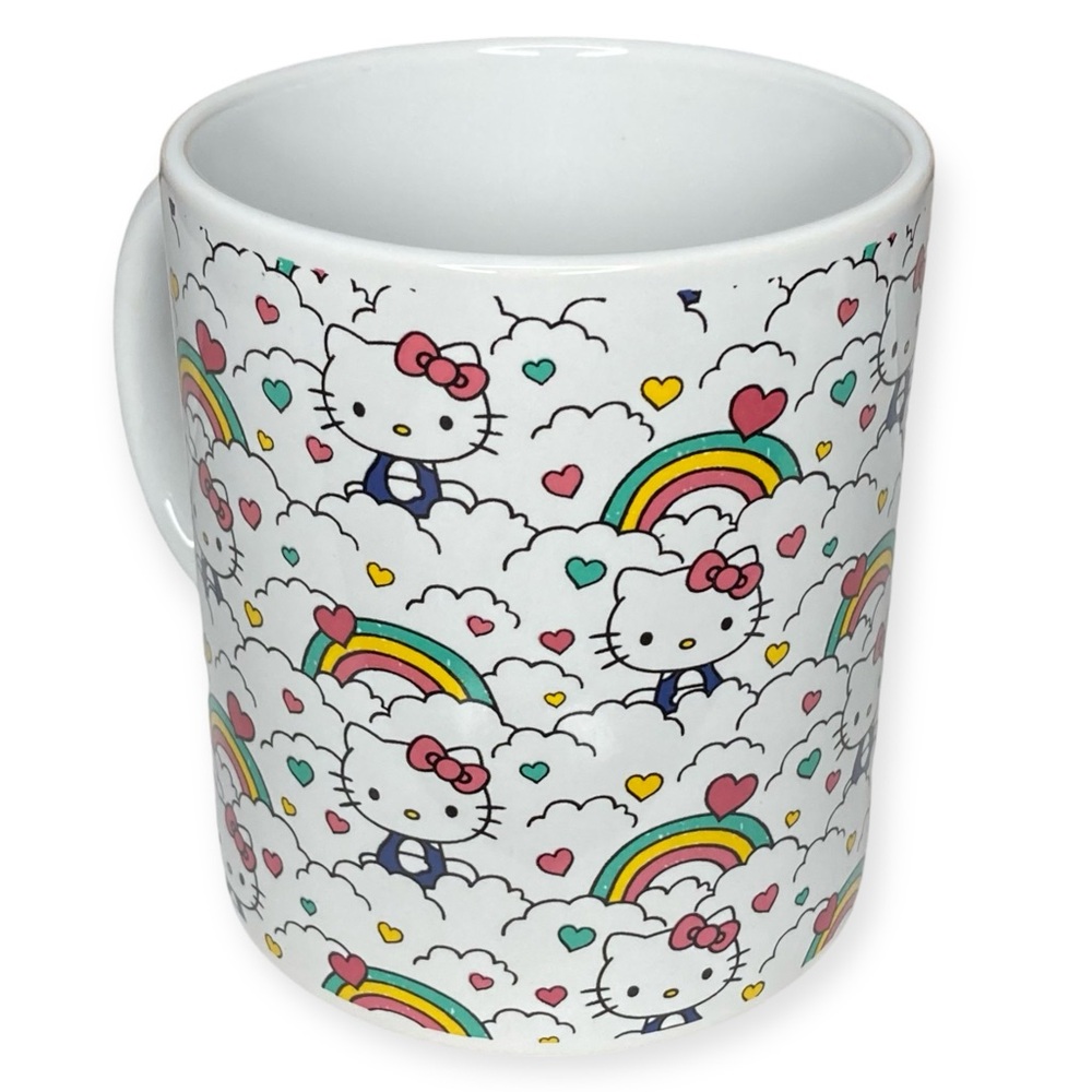 Sanrio Hello Kitty 20oz Ceramic Cafe Mug 2023 Rainbow Clouds Hearts - Picture 4 of 10